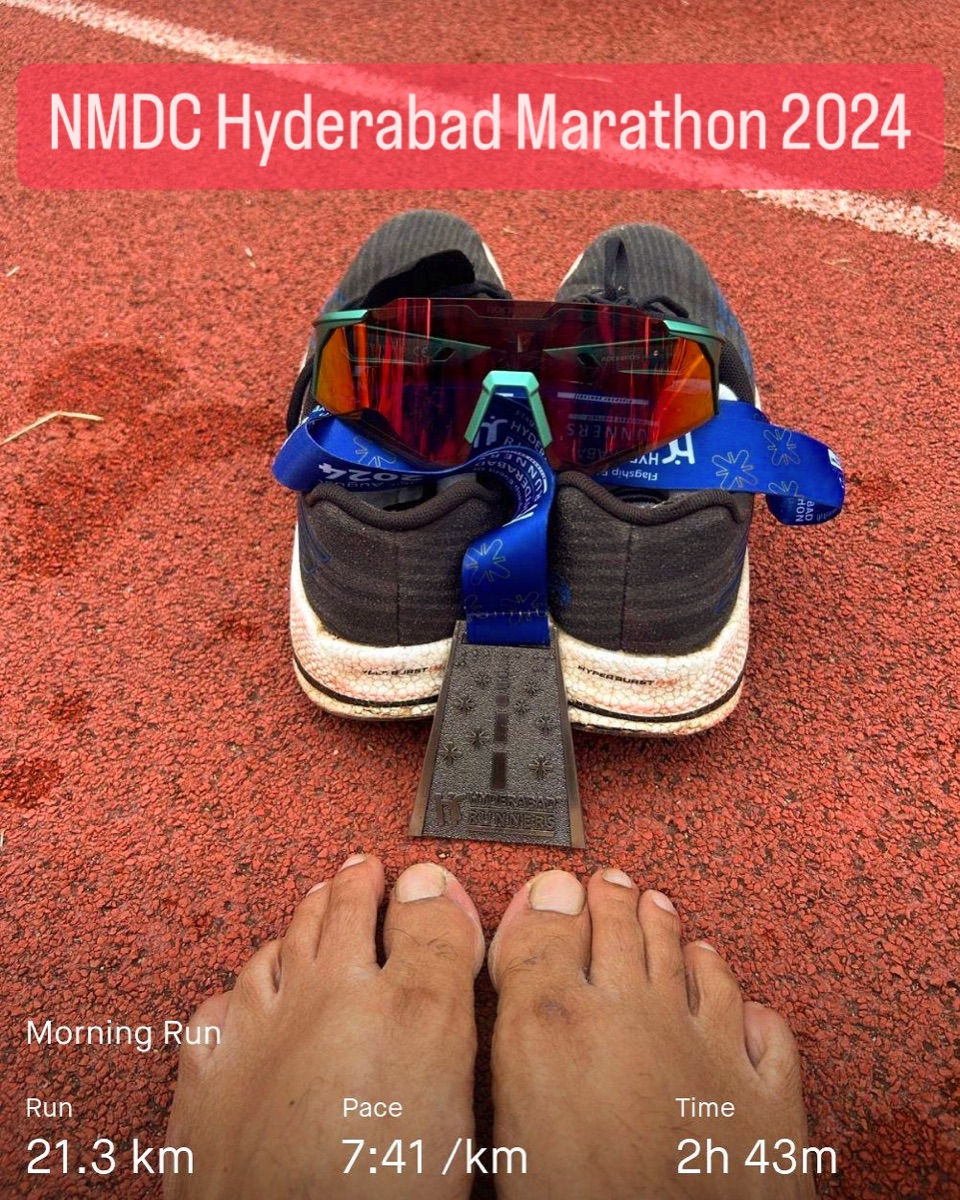 NMDC Hyderabad Marathon 2024 — 21.3 km, 7:41/km, 2h 43m