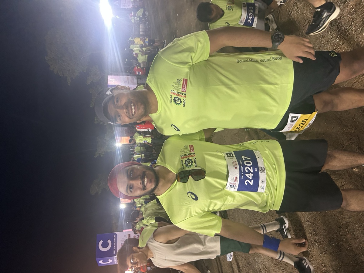 NMDC Hyderabad Marathon 2025 with friend at start line